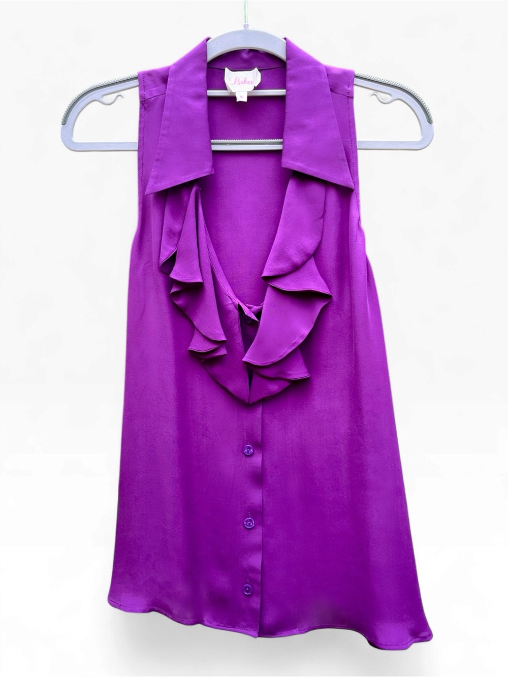 Parker 100% Silk Purple Sleeveless Ruffle Collar Button Front Blouse SZ M
